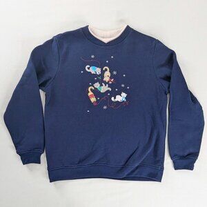 VTG Blue White Embroidered Cats and Yarn Winter Snow Holiday Crewneck Sweatshirt